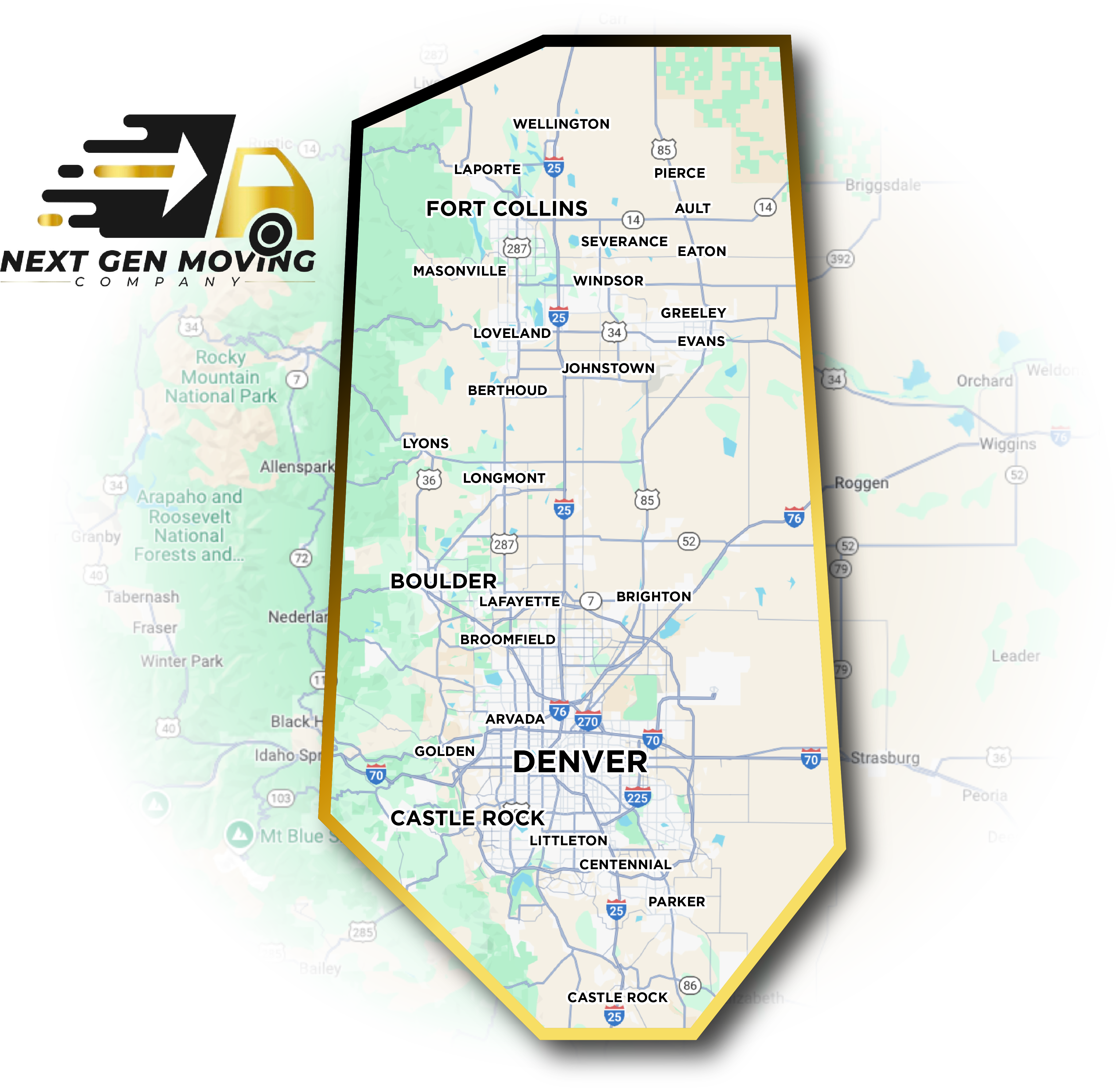 Next Gen Moving Company service area map covering Northern Colorado